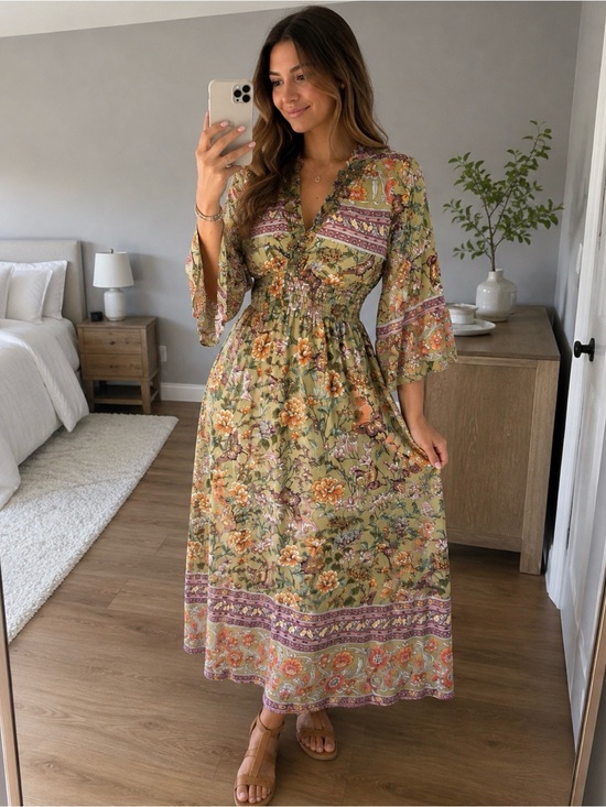 Seven Islands Dresses & Skirts - Bohemian Floral Maxi Dress in Olive Green